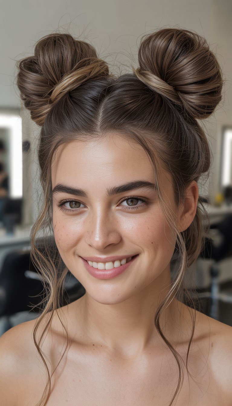 messy space buns hairstyle