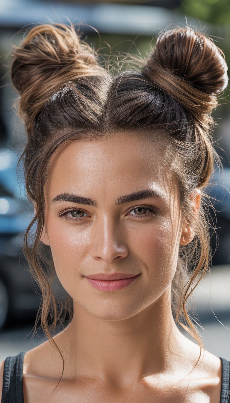 sleek and glossy space buns hairstyle