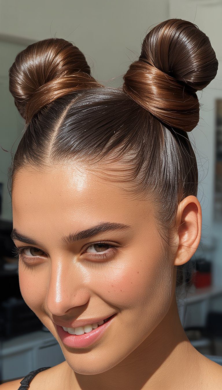 space buns with curly tendrils hairstyle