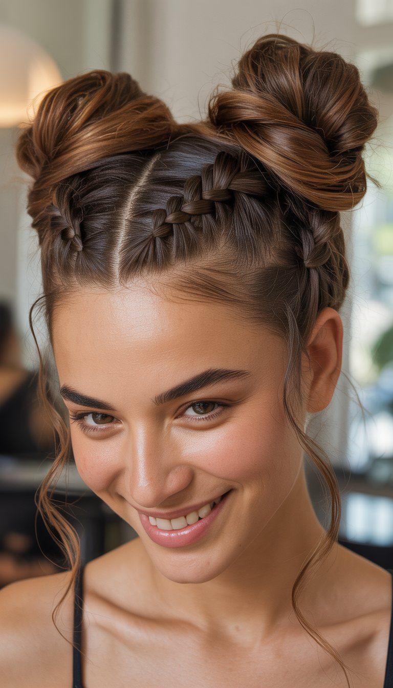 space buns with bangs hairstyle