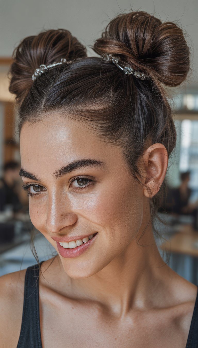 softly wrapped space buns hairstyle
