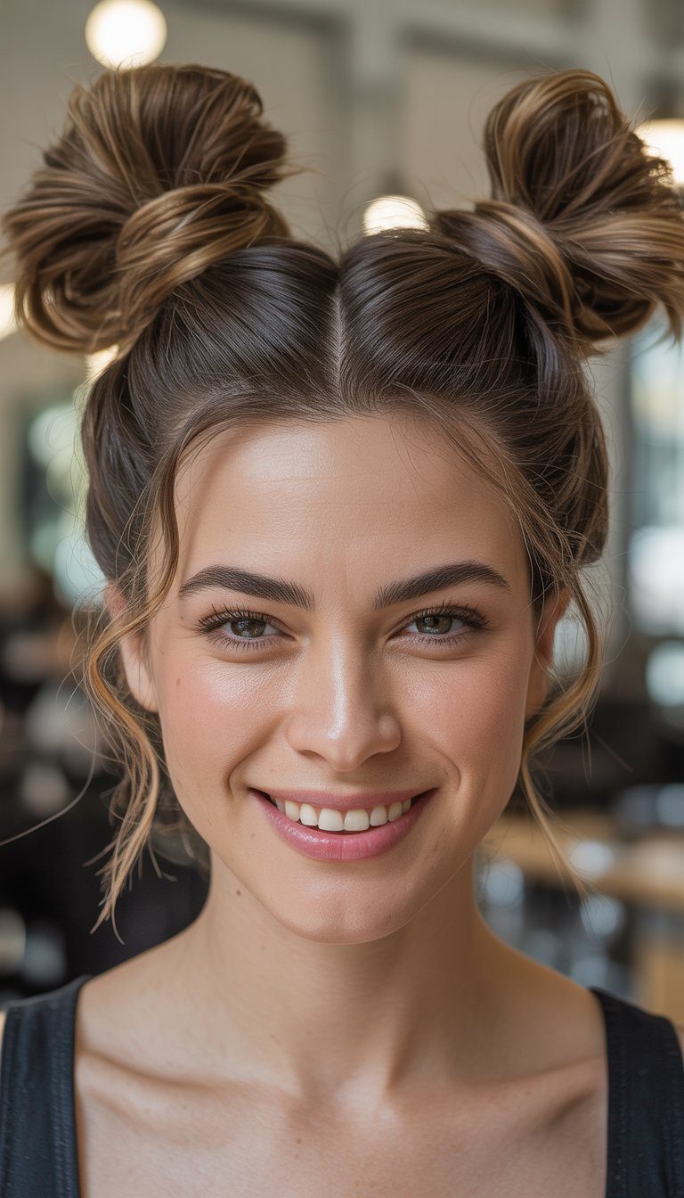 space buns with highlighted waves hairstyle