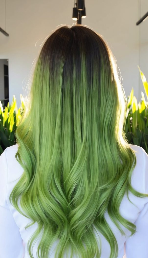 forest and lime green blend hair
