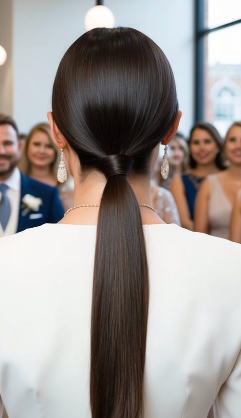 sleek low ponytail wedding guest hairstyle