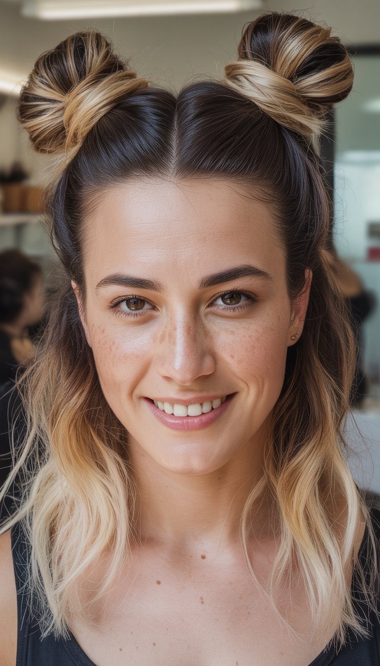 space buns with wavy tendrils hairstyle