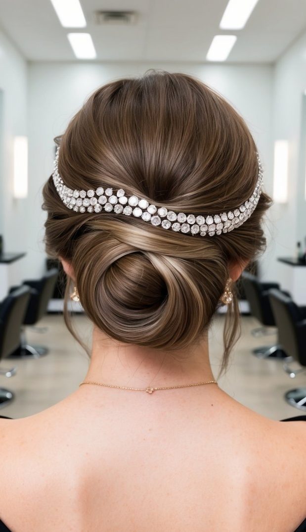 jewel-swirled bun wedding guest hairstyle