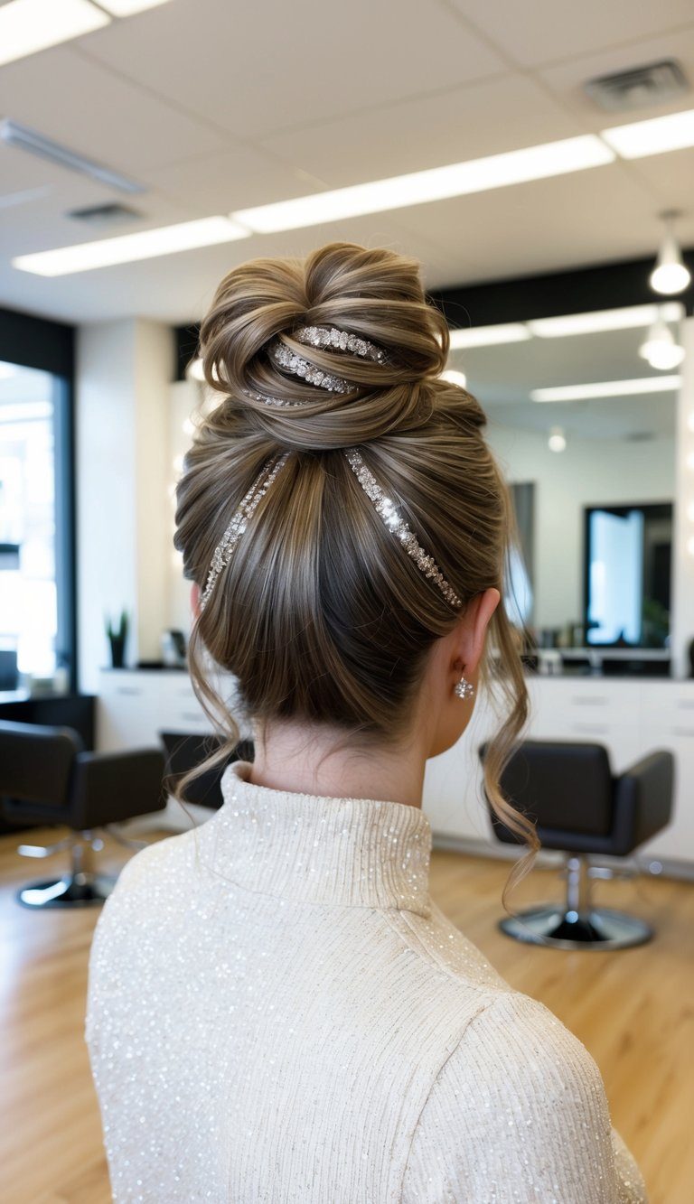 sparkle-strand statement bun hoco hairstyle