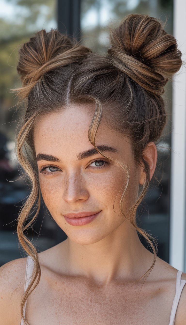 space buns with face-framing tendrils hairstyle
